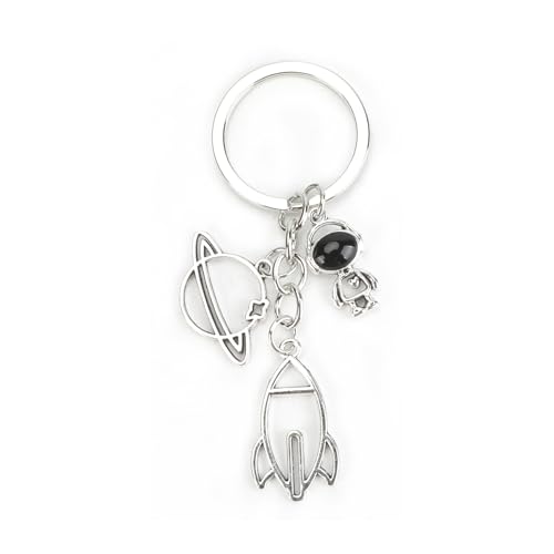 MUCOOS Porta-chaves de astronauta de desenhos animados, planeta romântico e pendente de foguete, porta-chaves bonito, chaveiro requintado, presente para amantes do espaço, prata, S