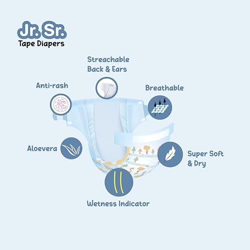 Image of Jr. Sr. Baby Tape Style Diaper | Adjustable Fit For Babies | Small (S) Size (3-8 kg), 64 Count | Pack of 1 | Upto 12 hr Absorption with Advanced Leak Protection | Soft & Comfy
