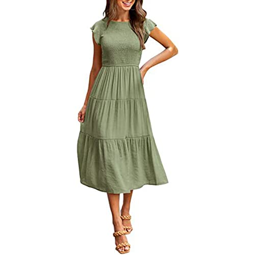 Robe midi à smocks avec taille élastique - Élégante robe mi-mollet - Vert - Taille S Cover