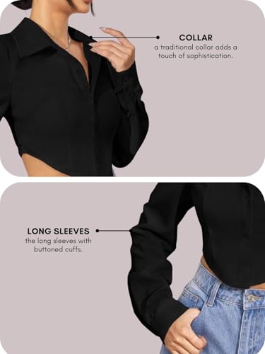 Image of GRECIILOOKS Women`s Oversized Fit Crop Top Shirt | Casual Long Sleev Stylish Collared Shirts for Womens | Comfortable Rich Korean Button Down | Formal Look Stylish Trendy Shirts