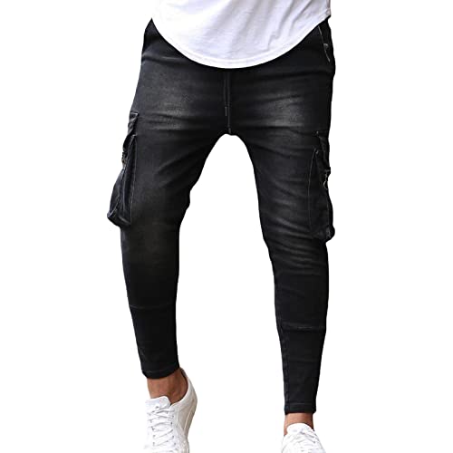 Maiyifu-GJ Men's Ripped Multi Pockets Jeans Slim Fit Skinny Stretch Jean Pant Washed Distressed Biker Denim Pencil Pants (Black 2,Small)