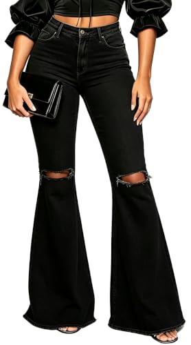 PaladMom Bell Bottom Jeans for Women Elastic High Waisted Skinny Ripped Raw Hem Wide Leg Denim Pants Flared Jeans 70s Outfits(Solid Black,Large)