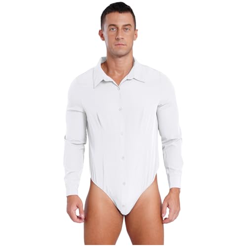 Rswnyirn Body de manga larga para hombre, blusa, top, con botones, camisa, para negocios, oficina, Blanco, L