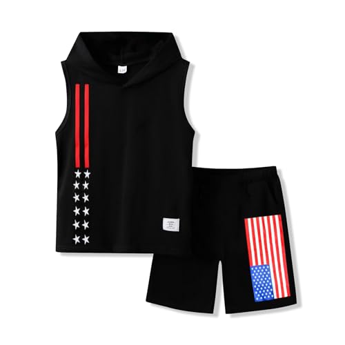 Voxikodex Size 7 8 Years Boys Clothes 2 Piece 4th of July Hoodie Sleeveless Tee Tops Casual Shorts Set Fashion Kids Boys Summer Clothes Set(7-8Y)