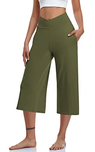 Image of TARSE Womens Casual Wide Leg Yoga Capris Crossover High Waist Capri Pants Loose Soft Pajama Pockets Sweatpants