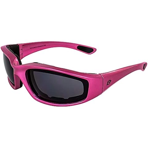 Birdz Eyewear Oriole Anti-Fog Vented EVA Foam Motorcycle Sunglasses for Women Shatterproof Polycarbonate Lenses 100% UV400 Protection Scratch-Resistant Coating Pink Frame Smoke Lens Cover