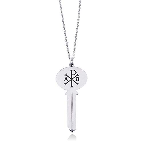 Tioneer Stainless Steel Chi Rho Alpha Omega Oval Head Key Charm Pendant Necklace