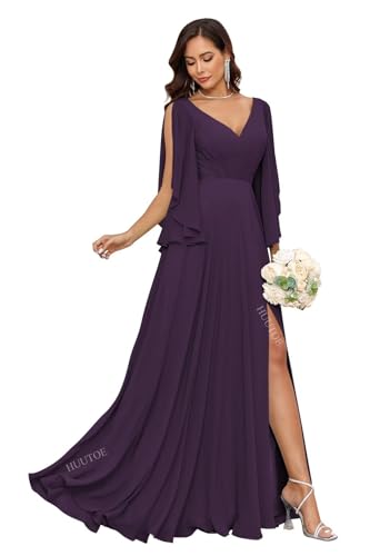 Image of HUUTOE Chiffon V Neck Plum Bridesmaid Dresses Long with Sleeves A-Line Formal Dress for Women Wedding Guest 2026 M US6