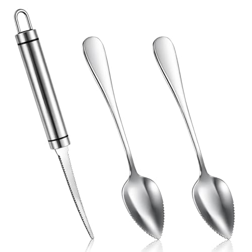 Lot de 3 cuillères à pamplemousse en acier inoxydable - 2 cuillères à pamplemousse - 1 couteau à pamplemousse avec poignée - Cuillère à kiwi - Avec lame dentelée - Cuillère à fruits pour citron, melon