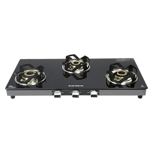 Image of Everflame Atlas 3 Burner Gas Stove | Extra Thick 8mm Toughened Glass Top | Euro-Coated Pan Support | LPG Ready & PNG Convertible | Manual Ignition | 2 Years Warranty + Doorstep Service
