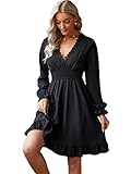 Floerns Women's Swiss Dots Long Sleeve Guipure Lace Trim V Neck A Line Dress Black L