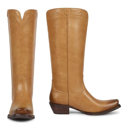 Image of wetkiss Women's Pointed Toe Cowboy Boots | Knee High Cowgirl Boots, Retro Embroidery, Chunky Heel, Pull-On, Style for a Classic Western Look,Stable and Comfortable