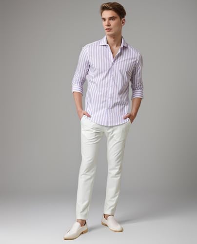 Image of IndoPrimo Men's Cotton Shirt with Full Sleeves Spread Collar Classic Style Striped Pattern Regular Fit and Standard Length