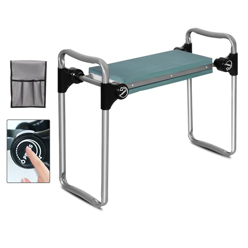 LUCKYERMORE Garden Kneeler and Seat, Button Press Kneeling Bench with Tool Pouch and EVA Foam Pad, Foldable Gardening Stool, Gardening Gifts for Parents Seniors, Lightweight & Heavy Duty