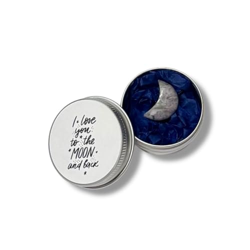 'I love you to the moon and back' gift | Cute minitature half moon presented in small tin gift for valentines, anniversary, birthday | gift for her, for him | random colour sent