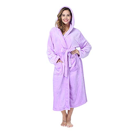 Rongtai Womens Robes Plush Fleece Purple Hooded Bathrobe Thick Nightgown With Pockets Fluffy Sleepwear X-Large #TOP4