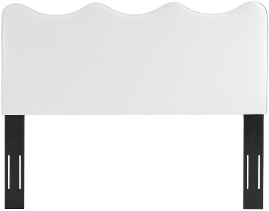 Pemberly Row Performance Velvet Full/Queen Headboard, 26" H x 61.5" W x 2.5" D, White Finish, Stain-Resistant Upholstered Foam Padding, Scalloped Modern Design, Adjustable for Master Bedroom or Guest