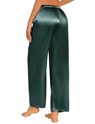 Image of Ekouaer Womens Silk Satin Pajama Lounge Pants Sleep Pj Bottoms with Pockets | Silky,Loose Wide Leg,Drawstring Elastic Waist,Casual,Loose,Elegant