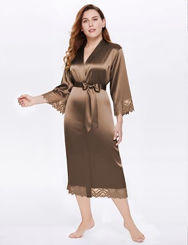 Image of BABEYOND Satin Kimono Robe Silky Long Bridesmaid Wedding Lightweight Bath Robe with Lace Trim