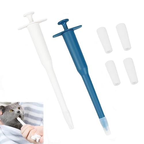 Embhlitfe 2-Pack Pet Pill Dispenser with 4 Silicone Tips - Blue & White Pill Popper for Cats and Dogs, Easy Feeding Tool for Small Animals - Includes Pill Pockets for Dogs and Cat Tablet Dispenser
