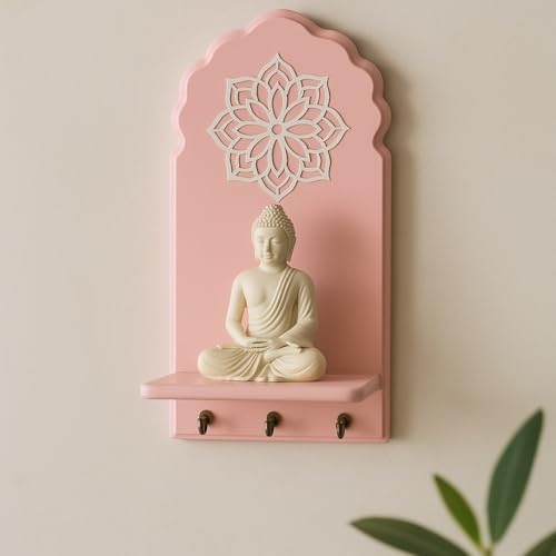 Image of Globally Indian Engineered Wood Keys Holder for Wall with Shelf, Mandala Design Key Stand Organizer for Home Entrance |Decorative Key Hanger for Wall, Entryway, Living Room |Floating Wall Shelf (Pink)