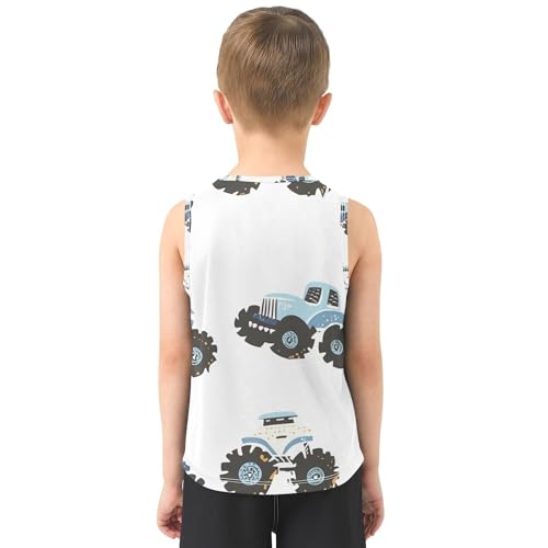 JUNZAN Cartoon Trucks Car White Boys Tank Top Sleeveless Casual Vest Tees Kids Shirt for Soccer Teenis Exercise Beach 3T3