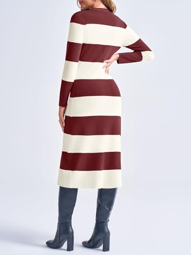 Image of Saodimallsu Womens Striped Sweater Dress Button V Neck Long Sleeve Knit Fall Trendy Bodycon Midi Dresses Cardigans