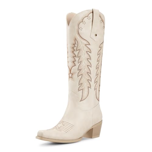 Image of wetkiss Cowboy Boots Womens Knee High Cowgirl Boots Embroidered Pointed Toe