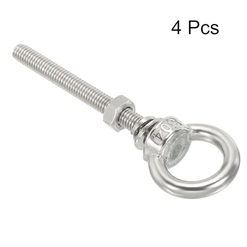 Image of uxcell M6*60 1 /4 inchx2.36 inch Stainless Steel Eye Bolts Threaded Screw Eyebolt Shoulder Ring with Nuts Washers for Lifting Hanging, 4 Set
