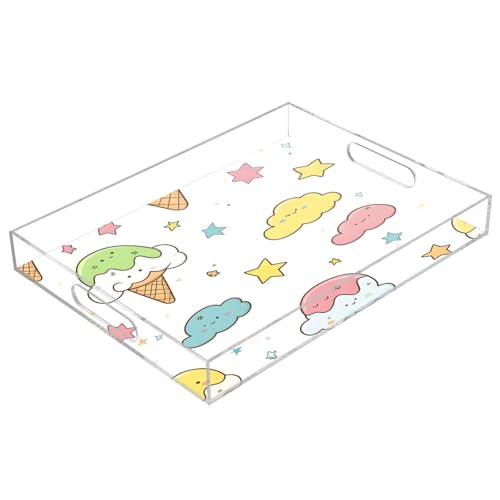 Nesatuwa Cute Ice Cream Acrylic Serving Tray with Handles,Clear Serving Tray Decorative Tray Organiser for Ottoman, Kitchen, Bedroom Decorative Tray 12x16 Inches