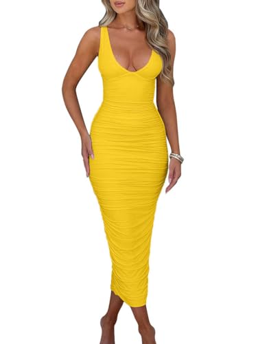 BEAGIMEG Women's Sexy Ruched Sleeveless Deep V Elegant Cocktail Evening Party Maxi Dress Yellow