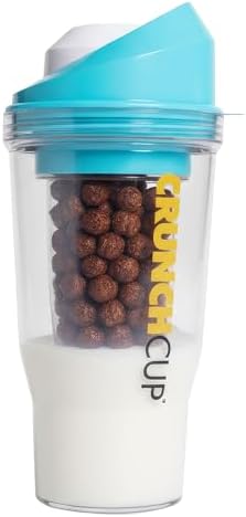 CRUNCHCUP XL Blue - Portable Plastic Cereal Cup for Breakfast On the Go, To Go Cereal and Milk Container, No Spoon or Bowl Required