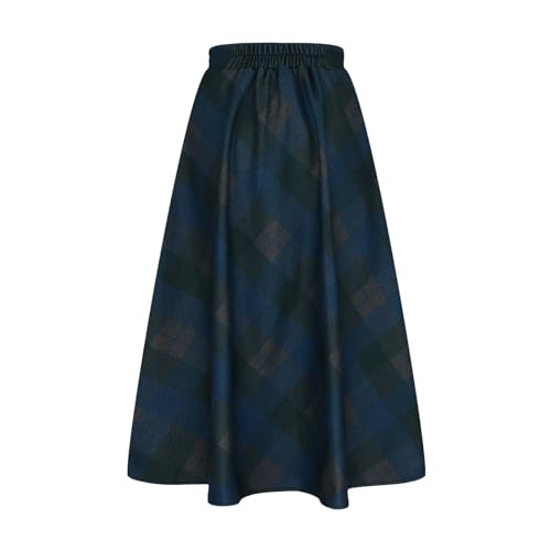 Womens Plaid Wool Skirts Elastic Waist A-Line Pleated Tartan Long Skirts Winter Warm Flare Retro Woolen Maxi Skirts3