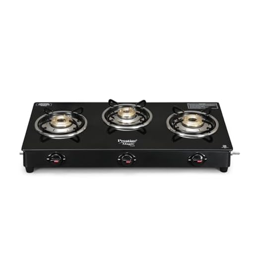 Prestige Magic plus Toughened Glass-Top 3 Brass Burner LPG Gas Stove(GTMP-03) | Black Spill Proof Design | Ergonomic Knob | Tri-Pin Burner