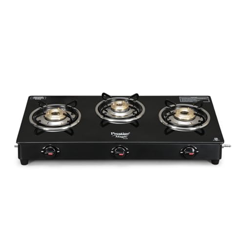 Prestige Magic plus Toughened Glass-Top 3 Brass Burner LPG Gas Stove(GTMP-03) | Black Spill Proof Design | Ergonomic Knob | Tri-Pin Burner