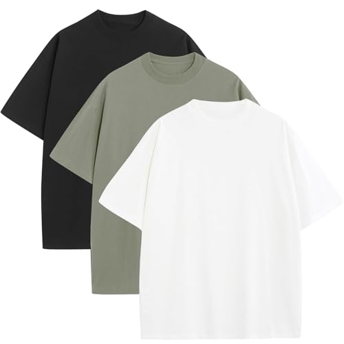 3 Pack Mens Oversized T-Shirts Fashion Loose Fit Crewneck Tshirt Streetwear Heavyweight Short Sleeve Tee Shirt Gym Workout Tops(WTAGBK,L)