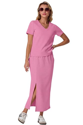Image of GRECERELLE Women Summer Casual 2 Piece Sets V-Neck Wrinkle-Free Top & Elastic Waist Midi Side Slit Skirt with Pockets