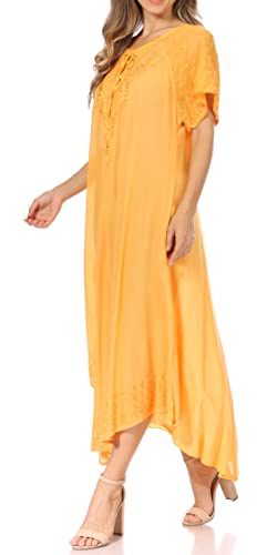 Image of Sakkas Egan Long Embroidered Caftan Dress /Cover Up with Embroidered Cap Sleeves