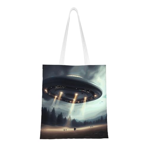 Canvas Tote Bag for Women Shoulder Tote Purse Reusable Grocery Bag UFO Landing Aesthetic Shopping Bags