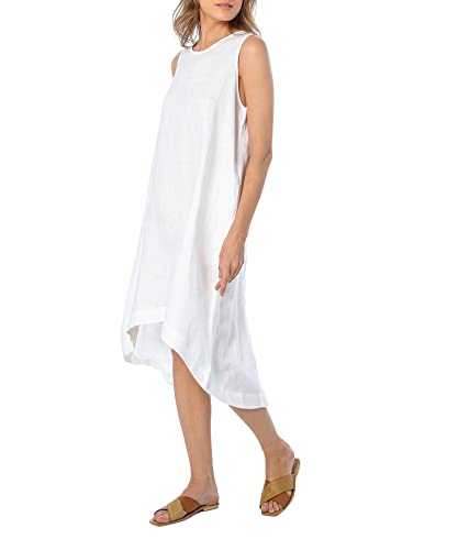 Image of Amazhiyu Women's 100% Linen High Low Midi Dress with Pocket | Summer Casual Flowy Dresses, Sleeveless Crewneck Dresses, Solid Color