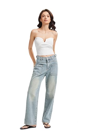 Wide Leg Jeans for Women, High Waist Straight Legs Trendy Front Patch Pocket Denim Pants for Ladies Casual Work4