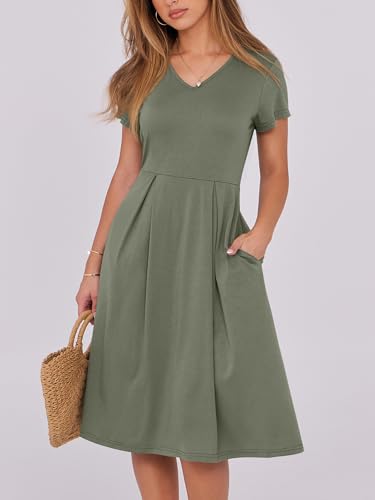 Image of ANRABESS Women Summer Dress Casual Short Sleeve V Neck A-Line Knee Length Pleated Flowy 2026 Fashion Midi Dresses with Pocket