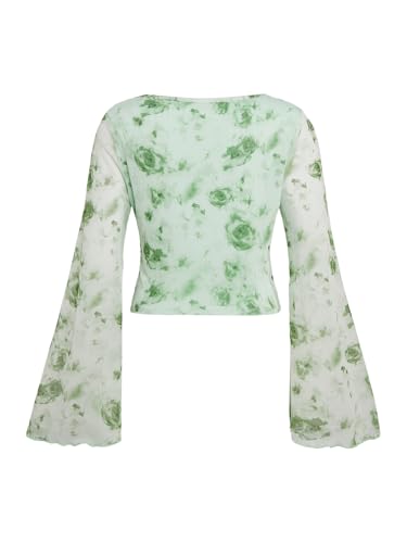 Image of Verdusa Girl's Floral Print Square Neck Lettuce Trim Long Bell Sleeve Ruched Tee Top
