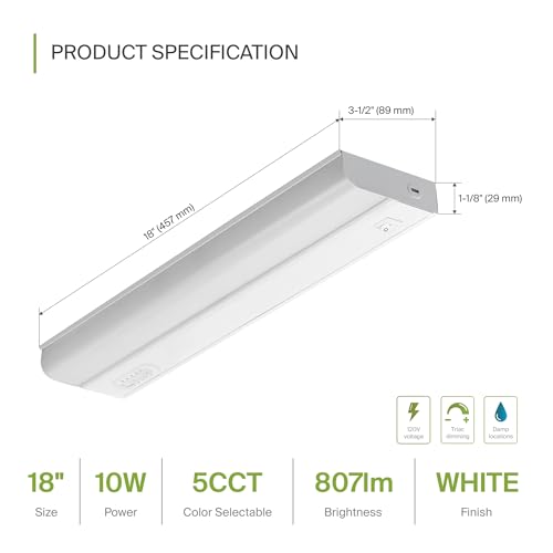 Image of ASD LED Under Cabinet Lighting Hardwired, 18 Inch 10W 2700K-5000K Selectable, 807LM, CRI90+, Direct Wire Linkable Under Counter Lights for Kitchen, Dimmable Under Cabinet Lights, White, UL, 20 Pack