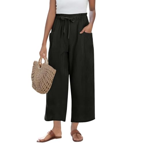 Cropped Linen Pants Women Summer Elastic Waist Wide Leg Crop Pants Casual Drawstring Lightweight Baggy Beach Trousers