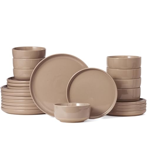 Image of Famiware Milkyway Dinnerware Sets, 24 Piece Dish Set, Plates and Bowls Sets for 8, Cinnamon Brown