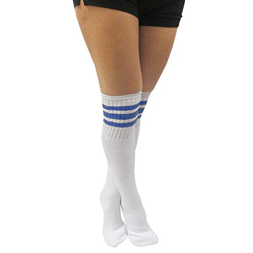 Dreamfield 4 Pairs Casual Knee High White Tube Socks Long Athletic Blue Stripe Sports 10-152