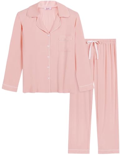 Image of Joyaria Women's Cooling Bamboo Viscose Pajama Set Long Sleeve Button Front | Hot Sleeper Comfort . Cooling Relief . Lightweight Feel for Sleeping & Lounging