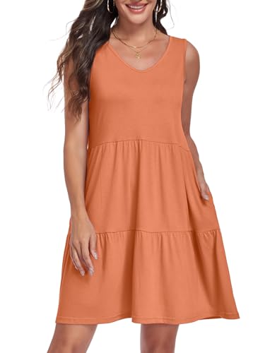 Image of Sundresses for Women Summer Sleeveless Tiered Swing V Neck Tank Dress | 2026 Casual Loose Tank Dress with Pockets, A-Line Flowy Beach Sun dress, Vacation Cruise Fashion Outfits
