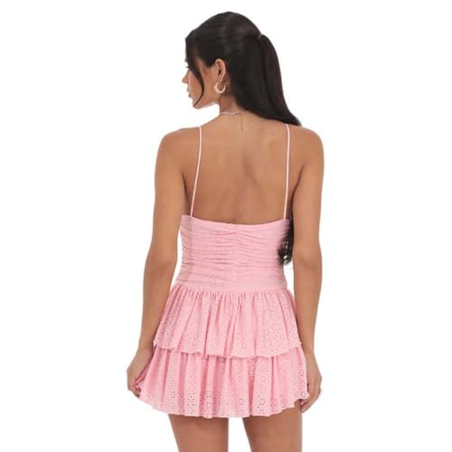 Image of YOXUA Women's Deep V-Neck Spaghetti Strap Casual Tiered Mini Dresses Summer Layer Ruffle Hem Short Dress